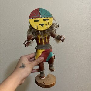 Authentic Native American Navajo SUN FACE KACHINA Wood Feather Leather 12” READ